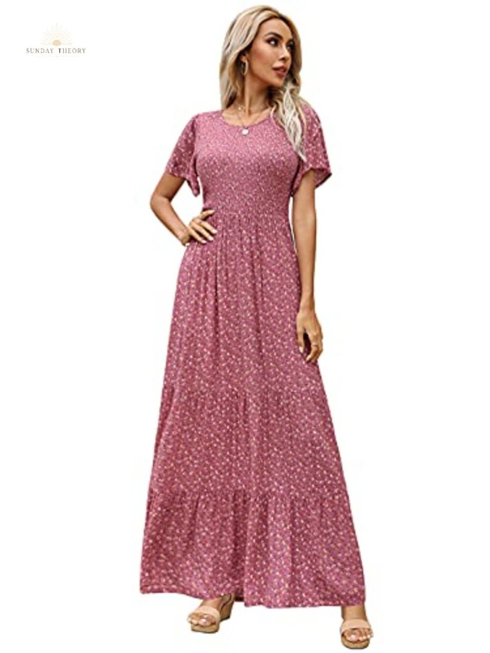 Women Floral Smocked Maxi Dress Short Sleeve Flutter A-Line Boho Beach Dress